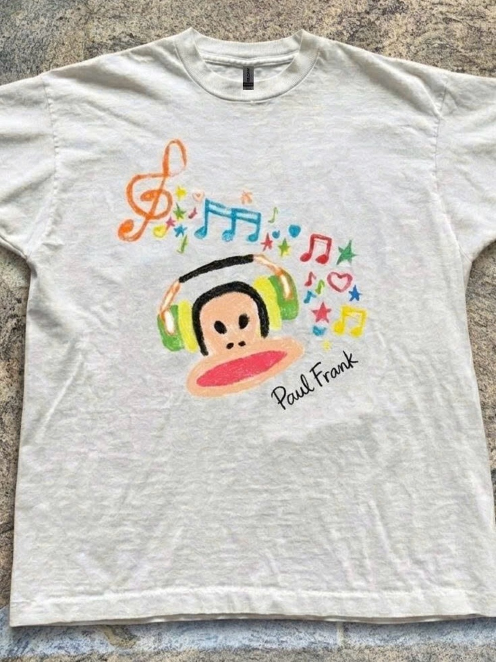 Gildan White Tee with Paul Frank Monkey and Colorful Music Graphic